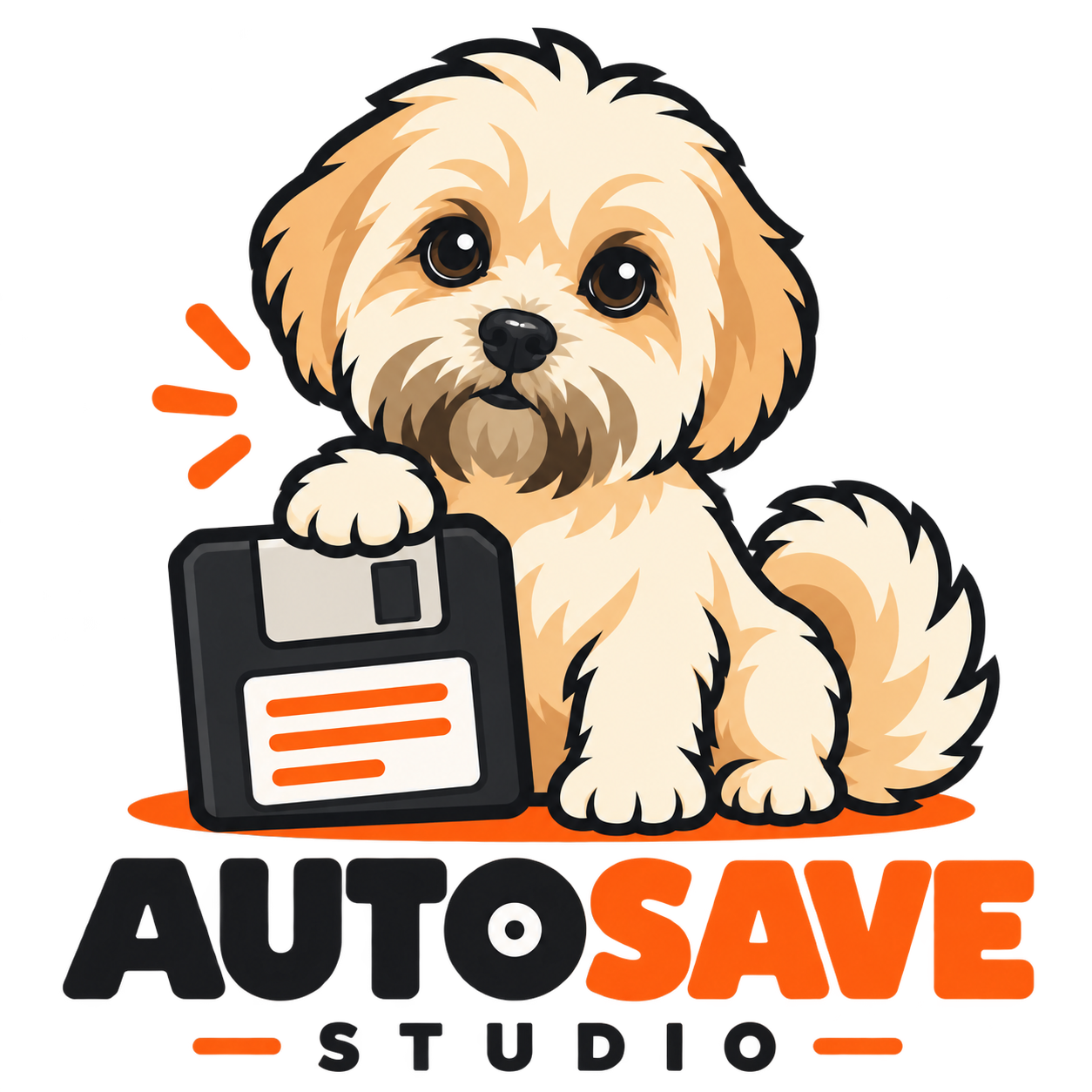 Lucky, our cream-colored dog mascot, resting his paw on a floppy disk above the Autosave Studio name